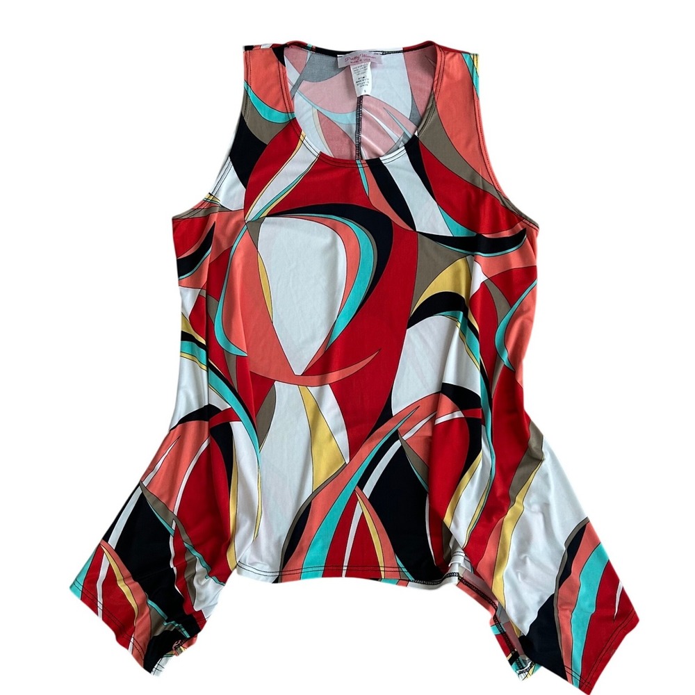 Vtg Abstract Swirl Print Sharkbite Hem Sleeveless Tunic tank Top S Asymmetrical